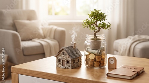 A miniature stone house and a jar filled with coins and a small tree sit on a wooden coffee table in a bright, cozy living room.