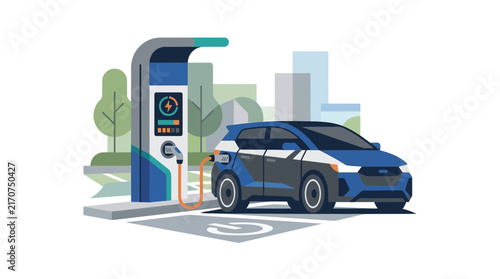 Electric car charging at a modern station flat illustration