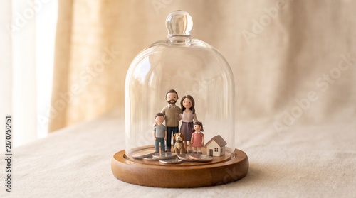 A small family figurine with a tiny house and coins protected under a glass dome on a wooden base, symbolizing security and savings.