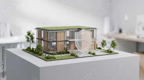 Miniature architectural model of a modern house with a green roof and a superimposed shield icon, symbolizing home protection and security.