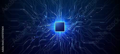 AI circuit board with glowing microchip processor, showcasing semiconductor technology and digital data pathways in futuristic blue light design.