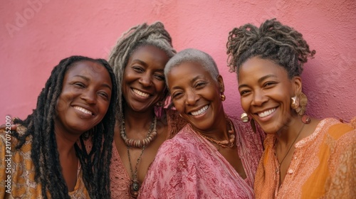 Four joyful women smiling together in vibrant clothing posing against a pink wall celebrating friendship and community in a lively and colorful atmosphere. Generative AI