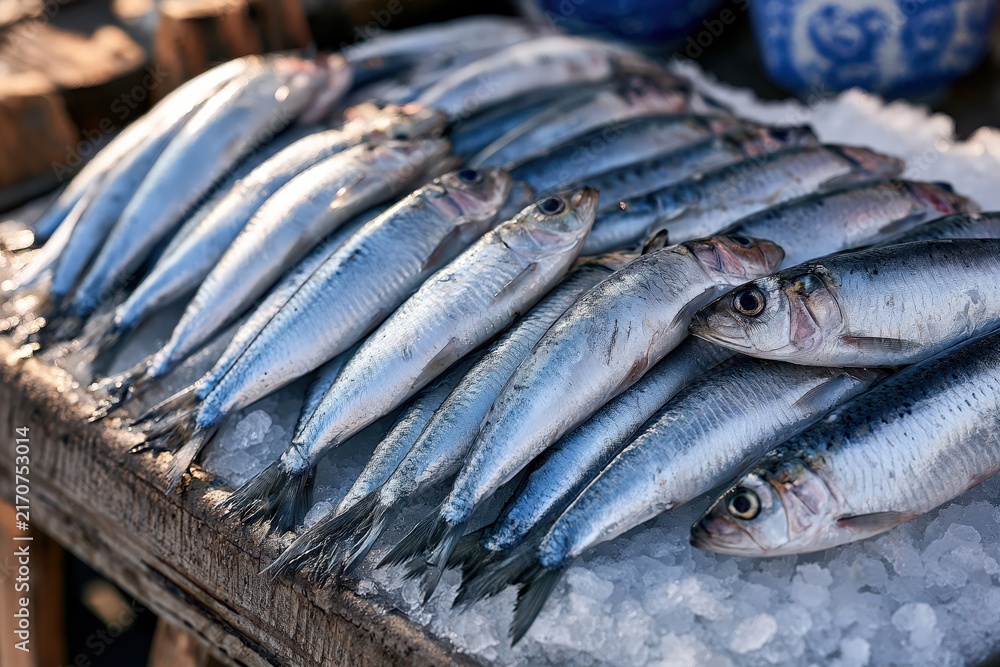 Obraz premium fresh Portuguese sardines displayed on crushed ice at a traditional fish market in the algarve, showcasing authentic Atlantic seafood and coastal cuisine