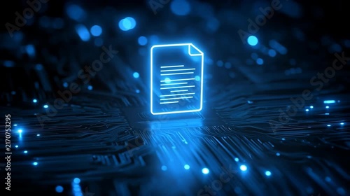 A digital document icon glowing in blue against a dark, circuit board-like background with blurred blue lights. The image represents data, technology, and information