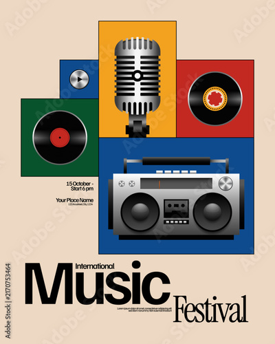 Music Festival Poster Template with Boombox and Vinyl Record Mid-Century Style