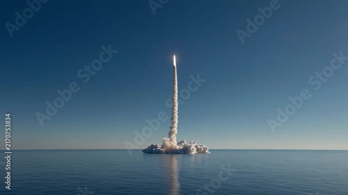 A rocket launch from the ocean, ascending into a clear blue sky amidst a plume of white smoke