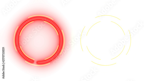 Two segmented circular neon rings glow in red and yellow, forming clean isolated graphic elements with soft luminous halos and transparent surroundings.