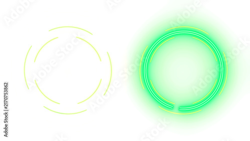 Two separate circular ring graphics glow with layered green and yellow light trails, creating an abstract luminous illustration with transparent surrounding pixels.