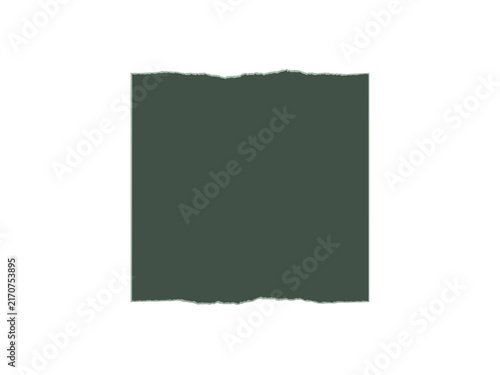 A dark green square paper cutout with rough torn edges on a white background
