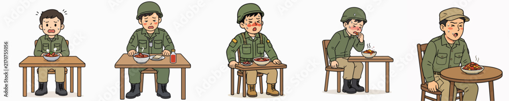Obraz premium Set of male soldier vector illustrations showing a spicy reaction and sweating from spicy food.