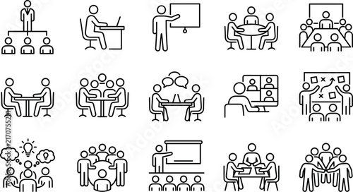 Corporate business team icon set featuring meeting seminar hierarchy online call presentation and teamwork symbols.