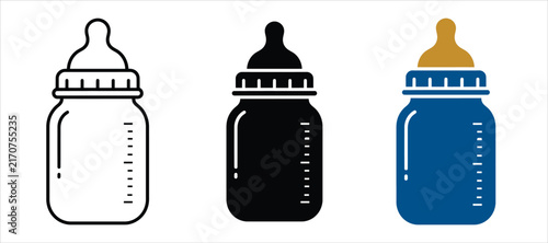 Baby Bottle Icon Set In Black, White And Blue Colors, Infant Feeding Bottle Collection With Measurement Marks, Isolated On White Background
