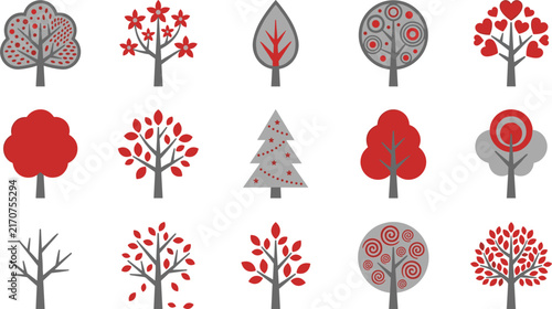 Stylized tree icon set featuring seasonal foliage blossom pine heart shapes and branch wood elements.