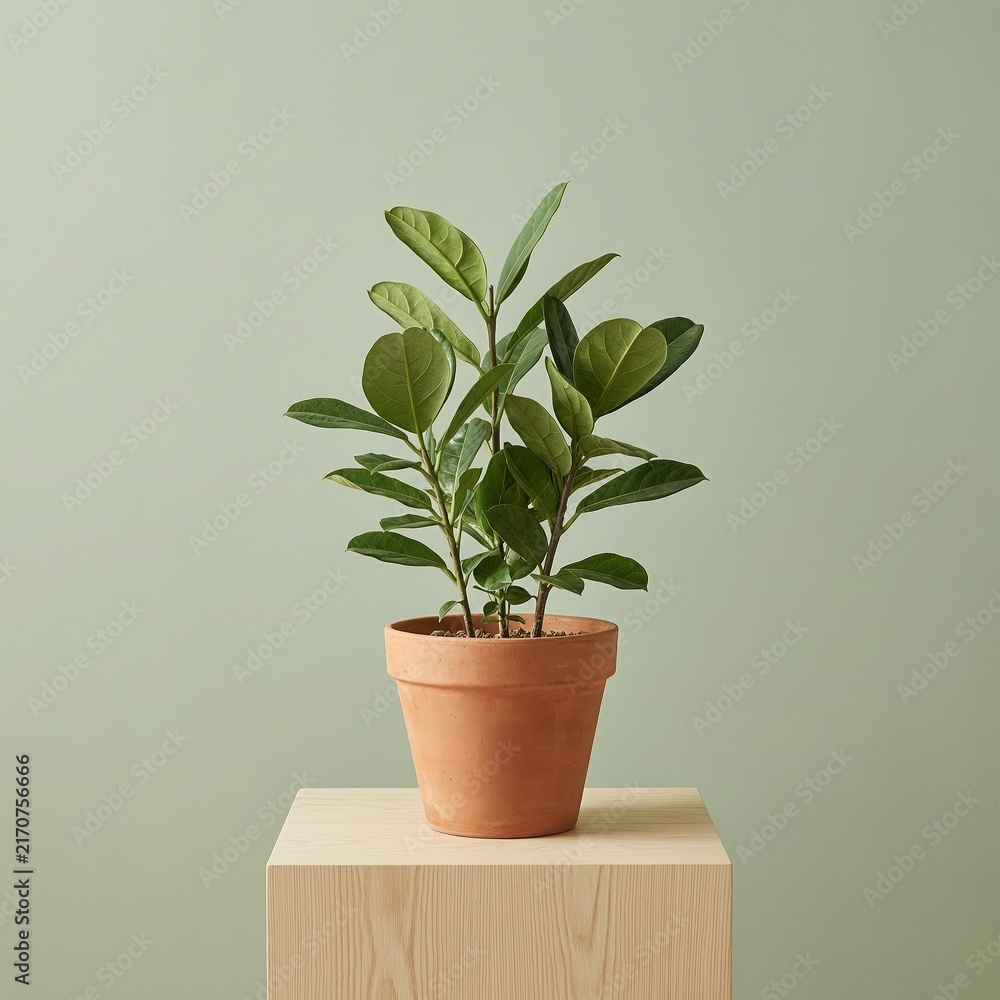 Fototapeta premium Potted Plant with Dark Green Leaves on Wooden Block against Sage Green Background