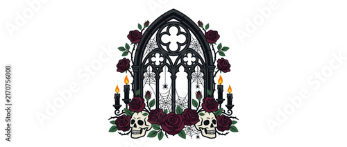 Gothic Archway with Skulls and Roses Illustration