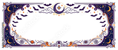 Celestial Halloween Border Frame with Moon and Bats