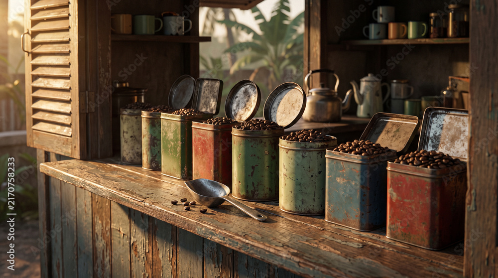 Fototapeta premium Vintage coffee storage canisters lined up on a wooden counter with natural sunlight.