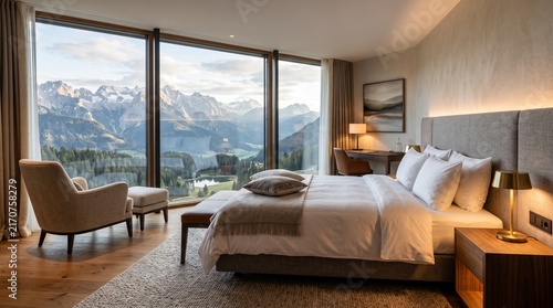 modern luxury bedroom alpine resort bedroom mountain view hotel room panoramic window bedroom luxury hotel interior scenic mountain view suite contemporary bedroom design