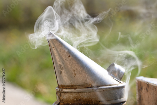 Bee smoker cone with smoke against green background
