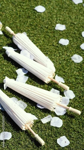 Stylish white vintage umbrellas provide shade from the hot, bright sun on a sunny summer day. Wedding ceremony for the bride and groom.