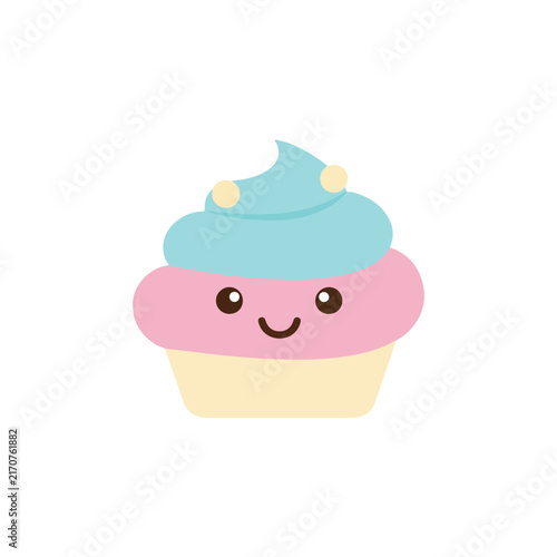 A cute kawaii cupcake with light blue frosting, pink icing with a smiling face, and a cream base on a white background.