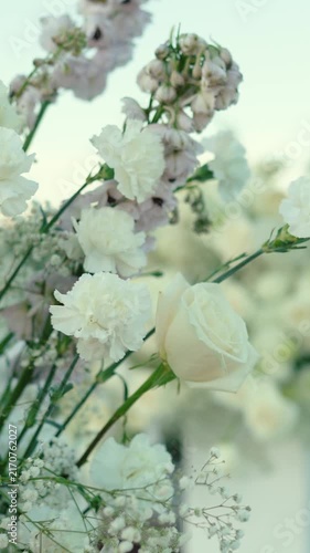 wedding arch of white rose flowers on the river bank before the wedding ceremony of the bride and groom, festive romantic decor