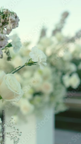 wedding arch of white rose flowers on the river bank before the wedding ceremony of the bride and groom, festive romantic decor