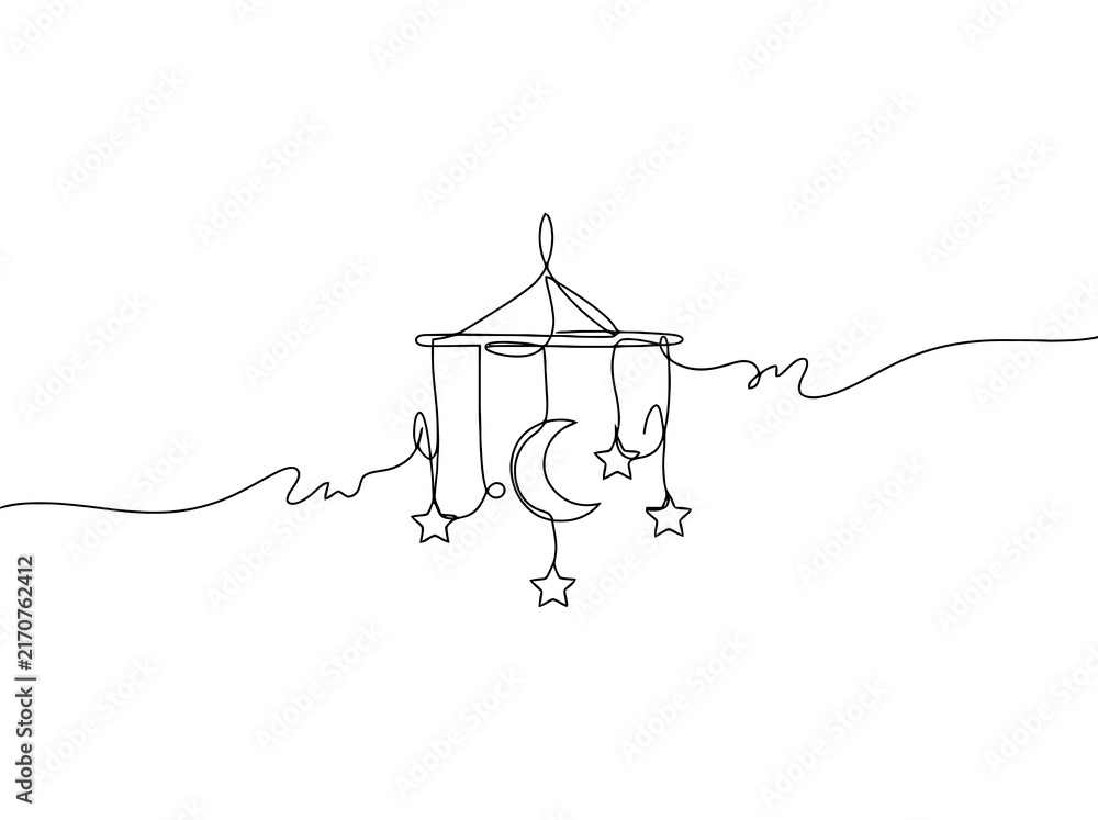 Obraz premium A simple line drawing of a baby crib mobile with moon and stars for nursery decor