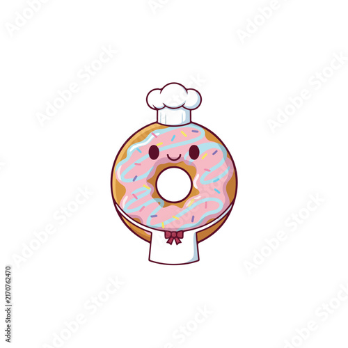 Cute cartoon donut chef wearing a white toque and apron with pink frosting and sprinkles on a white background.