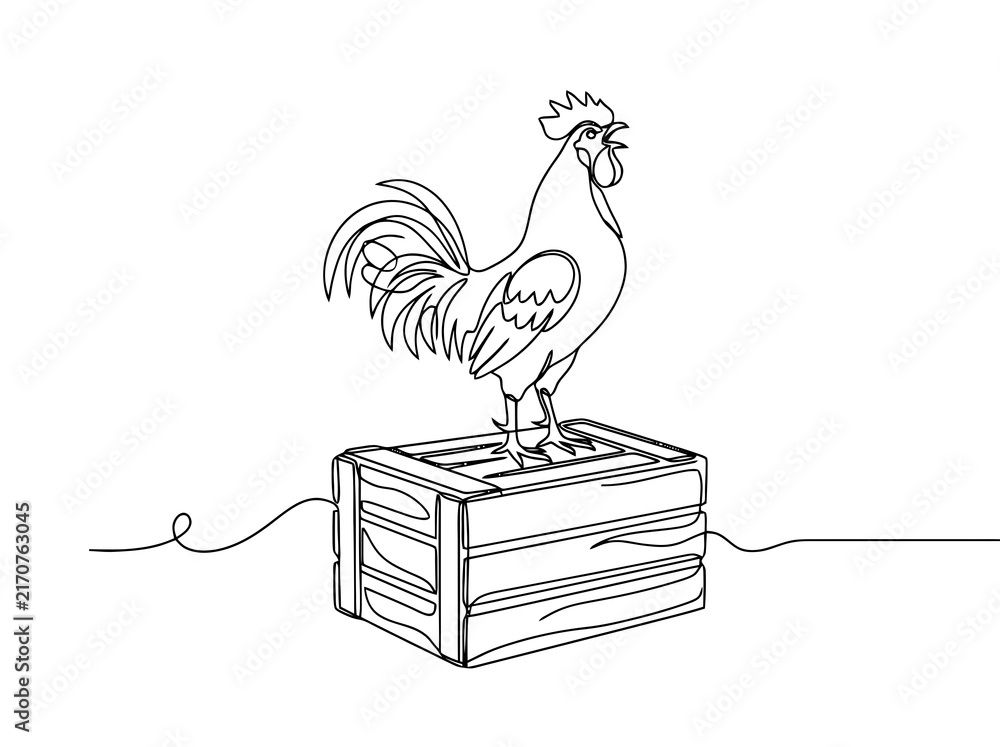 Obraz premium A single continuous line drawing of a rooster standing on a wooden crate with its beak open