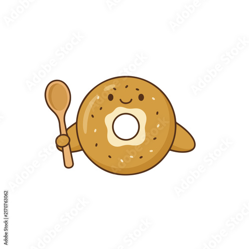 A cute cartoon bagel character with a smiling face holds a wooden spoon in its hand against a clean white background.