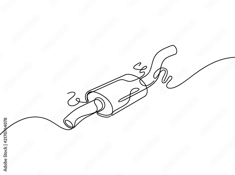 Obraz premium A single continuous line drawing of a car muffler emitting smoke against a white background