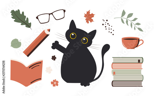 Cute character constructor with a black cat and a set of school clipart isolated pencil, books, teacup, autumn leaves for your own design. 