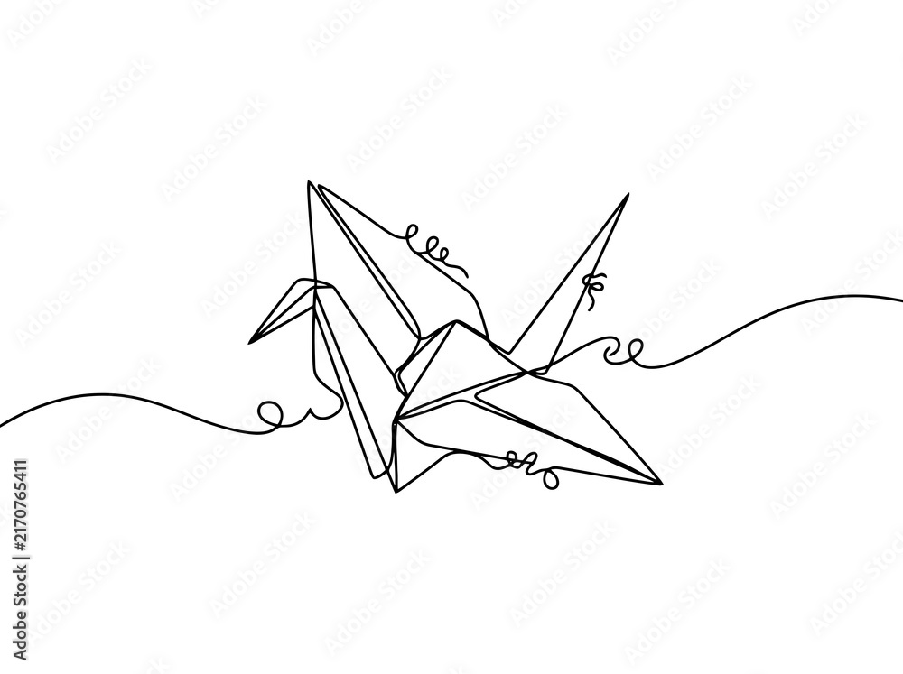 Obraz premium single line art origami crane bird flying while white background