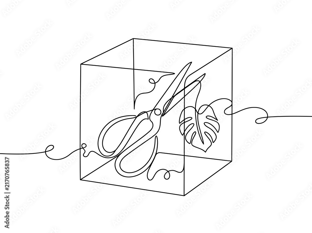 Obraz premium Single line drawing of scissors and a leaf inside a cube illustrating abstract creativity and imagination