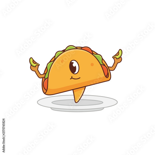 A cute cartoon taco character with one eye balances on a white plate while joyfully holding two avocado slices.