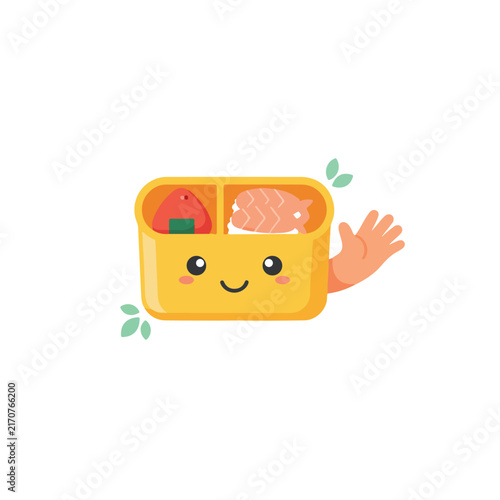 A cute cartoon bento box character filled with delicious sushi waves happily in a bright, colorful vector illustration.