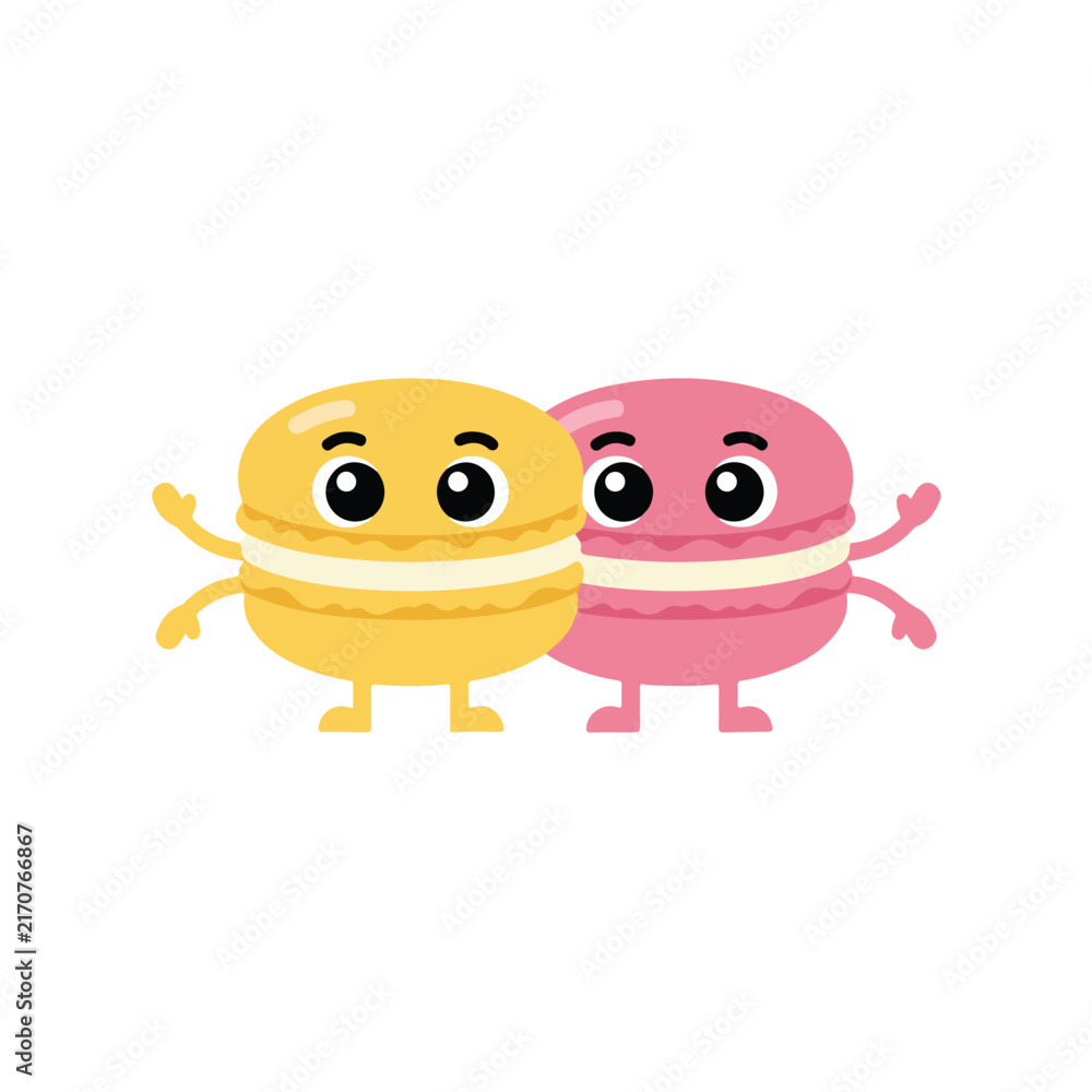 Fototapeta premium Cute cartoon characters of yellow and pink macaron desserts standing together with joyful expressions on a white background.