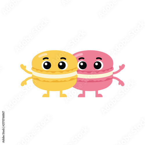 Cute cartoon characters of yellow and pink macaron desserts standing together with joyful expressions on a white background.