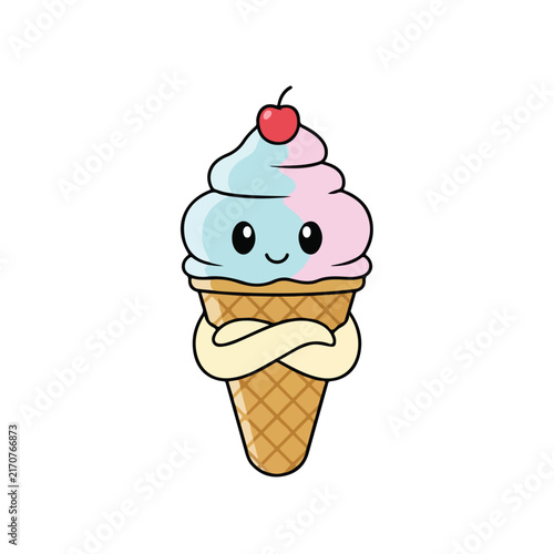 A cute kawaii ice cream cone cartoon character with crossed arms, colorful blue and pink scoops, and a red cherry on top.