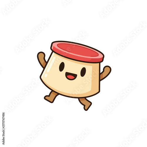 A cute cartoon pudding character with a red top, happy face, arms raised, and tiny legs running happily on a white background.