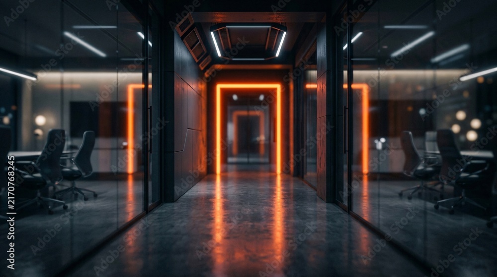 Naklejka premium Futuristic corporate office corridor has an intense glowing neon orange rectangular light portal over modern glass meeting rooms.