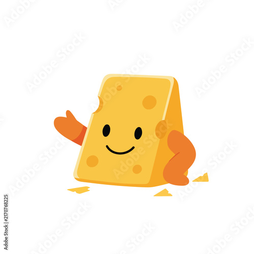 A cute cartoon cheese wedge character smiling and waving with orange arms, isolated on a clean white background.