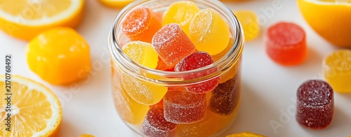 A colorful jar filled with assorted gummy candies surrounded by fresh citrus fruits, bringing joy and sweetness.