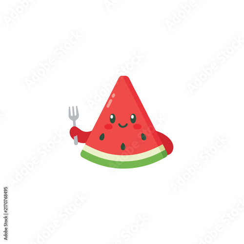 A cute kawaii cartoon watermelon slice character with a cheerful smile holding a small silver fork on a white background.