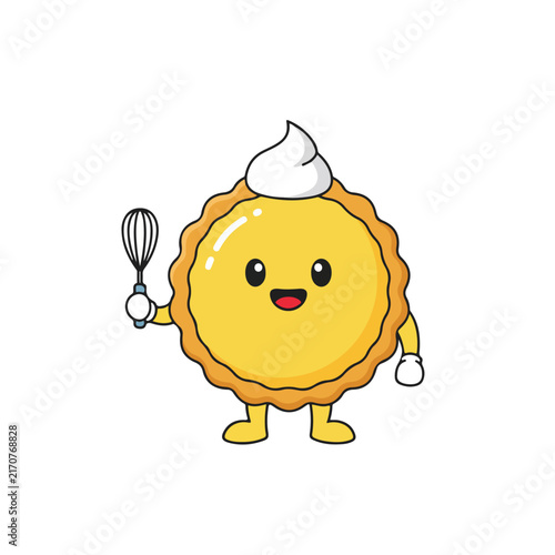 A cute kawaii egg tart cartoon character holding a whisk in its hand, featuring a smiling face and whipped cream on top.