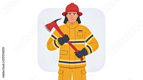 Firefighter holding rescue axe wearing protective uniform safety equipment flat vector illustration