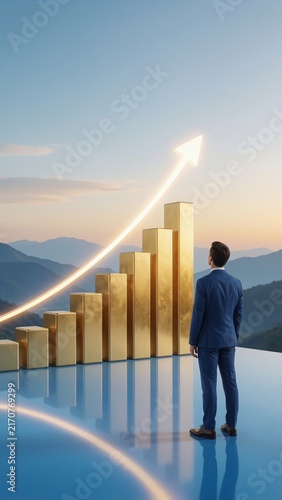 Businessman Looking at Golden Growth Chart with Upward Arrow on Mountain Horizon