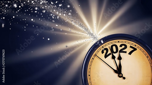 New year 2027 celebration with clock and sparkling light