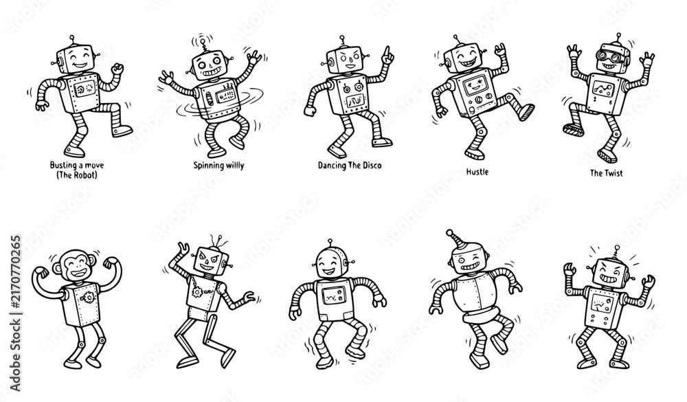 Fototapeta premium Funny Dancing Robot Line Art Vector Set, Cartoon Android Characters in Dynamic Dance Movement Poses